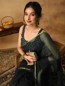 Sangria Women Golden Border Black Poly Chiffon Saree With Unstitched Blouse Piece