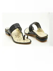 IndiForce Women Black Embellished T-Strap Block Heels