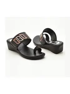 IndiForce Black Leather Ethnic Wedge Heels