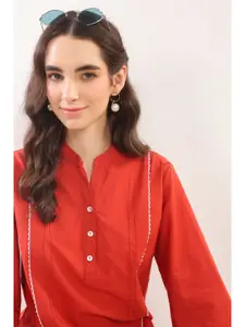 JISORA Mandarin Collar Neck Cotton Top With Trousers Co-Ords