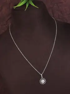 V FASHION JEWELLERY Silver-Plated Cubic Zerconia Studded Floral Shaped Pendant With Chain