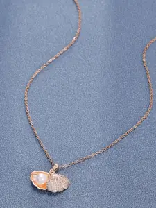 V FASHION JEWELLERY Rose Gold-Plated Stones Studded Shel Pendant with Chain
