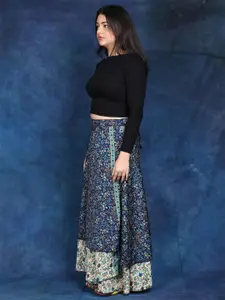 Exotic India Women Double Layer Wrap-Around Long Skirt with Floral Print