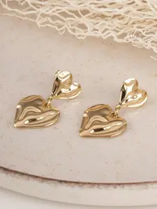 PALMONAS Gold-Plated Double Heart Shaped Stainless Steel Drop Earrings