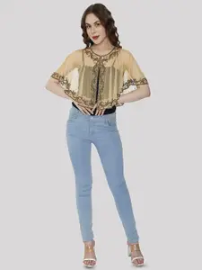 HAUTEMODA Beads Embroidered Poncho Cape Net Shrug