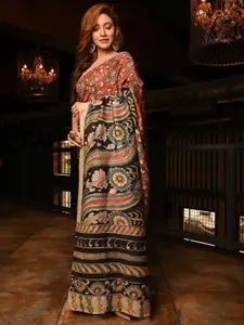 Mitera Floral Kalamkari Printed Cotton Saree With Unstitched Blouse Piece