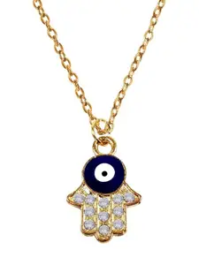 DressBerry Gold-Plated Artificial Stones Evil Eye Hamsa Hand Pendant With Chain
