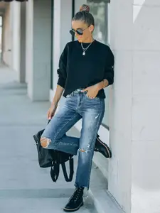 StyleCast Women Straight Fit High-Rise Slash Knee Light Fade Cotton Jeans