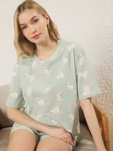 Trendyol Yeil Women Printed Pure Cotton Night suit