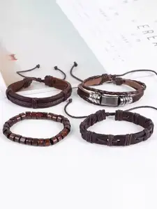 MEENAZ Men Set Of 4 Silver-Plated Leather Artificial Beaded Wraparound Bracelets