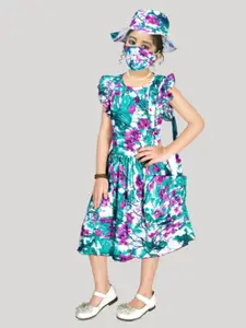 Laraib Fashion Girls Floral Print Flutter Sleeve Fit and Flare Midi Dress With Bag &  Hat