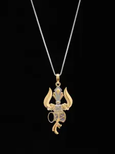 Exotic India Sterling Silver Trishul Damru Pendant with Cubic Zirconia