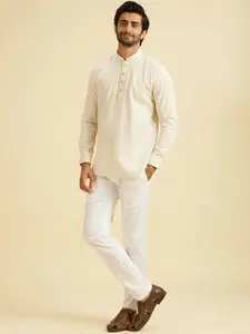 Manyavar Striped Embroidered Mandarin Collar Thread Work Straight Short Kurta