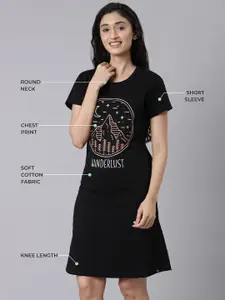 TWIN BIRDS Women Cotton Printed Jet Black Lounge Wear Long Tee