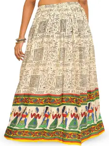 Exotic India Off White Warli Folk Printed Long A-Line Skirt