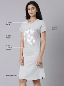 TWIN BIRDS Women Cotton Printed Light Grey Lounge Wear Long Tee T-shirt Nightdress