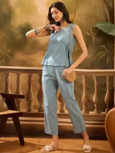 Sangria Embroidered Round Neck Pure Cotton Top With Trousers