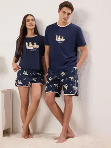 Trendyol Women Printed Round Neck T-shirt & Shorts Pure Cotton Night Suit