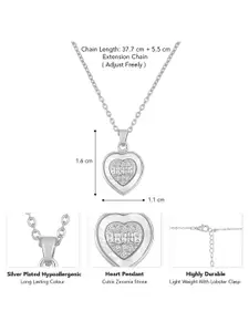 Peora Silver-Plated Cubic Zirconia Studded Heart Shaped Pendant Chain With Rose