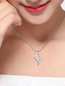 Peora Stainless Steel Silver-Plated Cubic Zirconia Studded Pendants with Chains & Red Rose