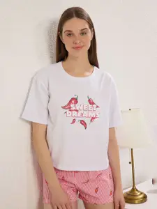 Trendyol Women Printed Pure Cotton T-Shirt & Shorts Night Suits