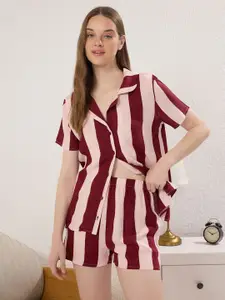 Trendyol Mrdm Women Striped Shirt Collar Night suit