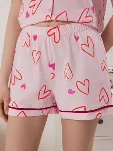 Trendyol Women Pure Cotton Graphic Printed Lapel Collar Shirt & Shorts Night Suits