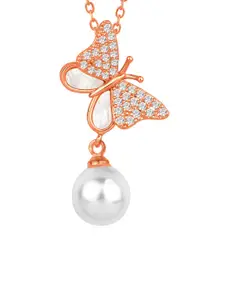 Peora Rose Gold-Plated Cubic Zirconia Studded Pendant Chain With Rose