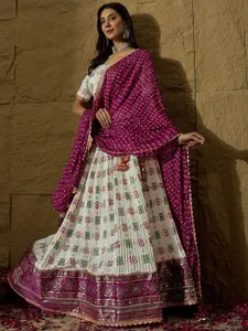 SHRINGARINI Ethnic Motifs Printed Satin Stitched Lehenga & Unstitched Blouse With Dupatta
