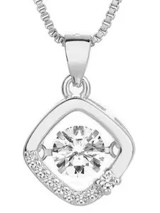Peora Silver-Plated American Diamond-Studded Pendant with Chain & Artificial Rose Flower