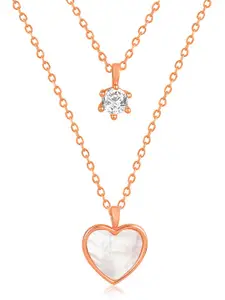 Peora Rose Gold-Plated Heart Shaped Layered Pendants with Chains With Red Rose