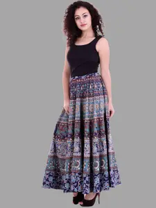 HANDICRAFT PALACE Mandala Printed Pleated Wrap Around Cotton Maxi Skirt