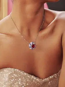 MISS JO 925 Sterling Silver Rhodium-Plated Cubic Zirconia Studded Floral Pendants