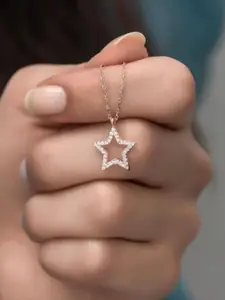 DressBerry Stainless Steel Gold-Plated American Diamond-Studded Pendant & Chain