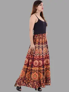 HANDICRAFT PALACE Peacock Mandala Printed Pure Cotton Wrap Around Maxi Skirt