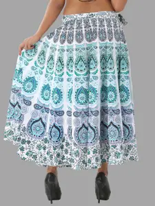 HANDICRAFT PALACE Peacock Mandala Printed Pure Cotton Wrap Around Maxi Skirt
