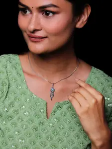 GIVA 925 Silver Rhodium-Plated Artificial Stones Studded Oxidised Pendant with Chain