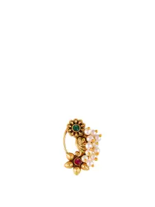 Vighnaharta Set Of 2 Gold-Plated Pearls Ring Nosepin