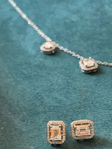 The Jewellery Tale Silver-Plated Artificial Stones Studded Pendant With Studs