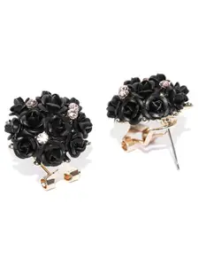 YouBella Gold-Plated Black Artificial Stones Studded Floral Shaped Studs