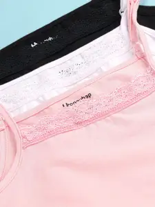 Honeyhap Girls Pack Of 3 Self Design Lace Camisoles
