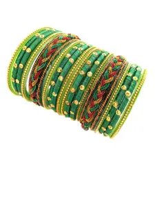 FEMMIBELLA Set Of 18 Glass Silk Thread Stone Studded Chuda Bangles