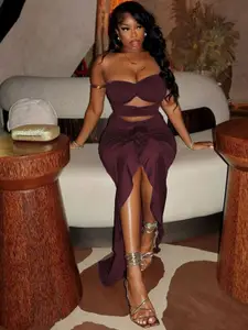 MIAKEE Off-Shoulder Top With Skirt Co-Ords Set