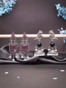 Sangria  Set Of 2 Silver-Plated Stone Studded & Beaded Oxidised Contemporary Drop Earrings