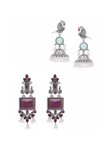 Sangria Set Of 2 Silver-Plated Artificial Stone Studded & Beaded Drop Earrings