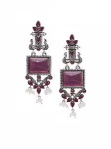 Anouk Set Of 2 Silver Plated Artificial Stones & Beaded Contemporary Shaped Drop Earrings