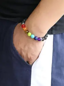 Sukhad Lava With Natural 7 Chakra Stone Beaded Elasticated Bracelet