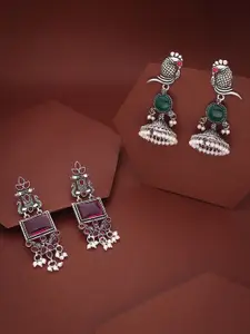 Anouk Set Of 2 Silver-Plated Artificial Stones and Beaded Contemporary Drop Earrings