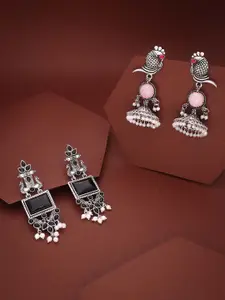 Anouk Set Of 2 Silver-Plated Artificial Stones and Beaded Contemporary Drop Earrings