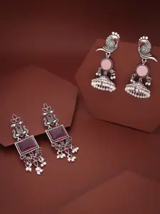 Anouk Set Of 2 Silver-Plated Artificial Stones Studded and Beaded Oxidised Dome Jhumkas